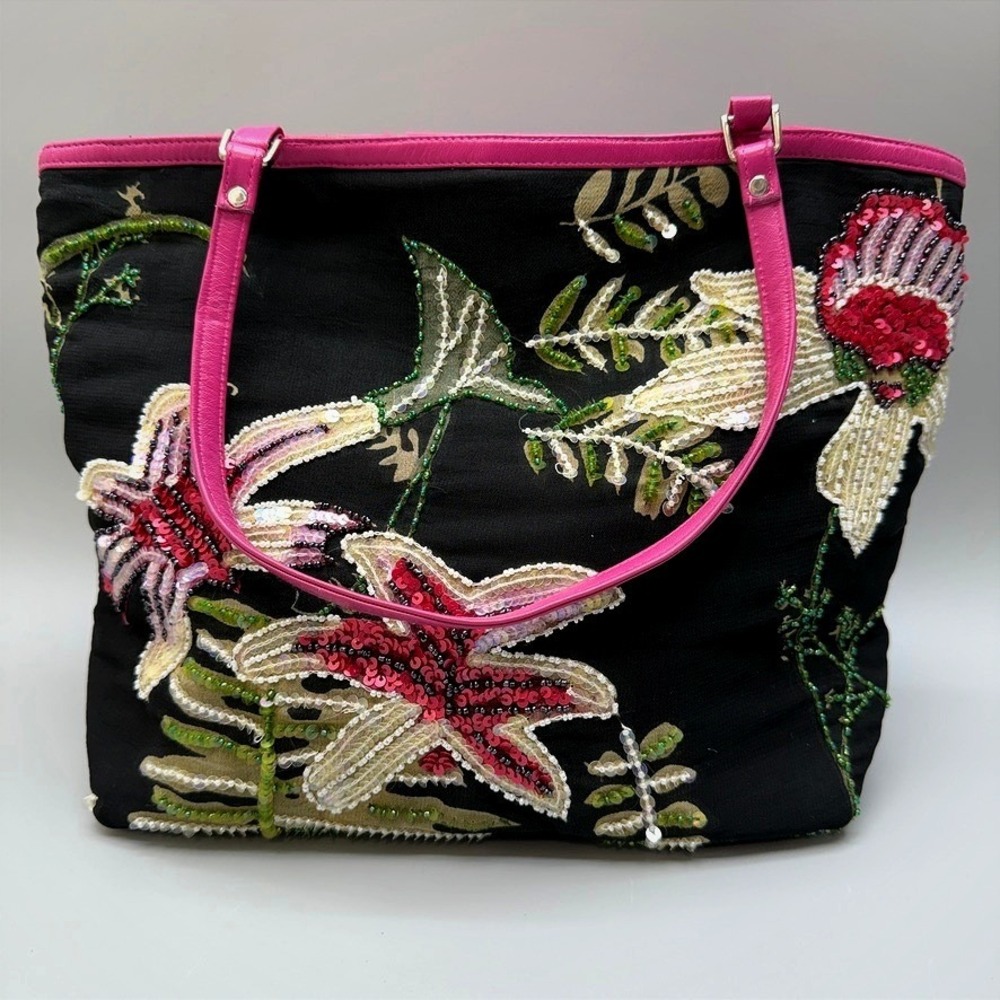 VTG Christiana Sequin Floral Tote Bag Black Pink Beaded Statement Tropical READ